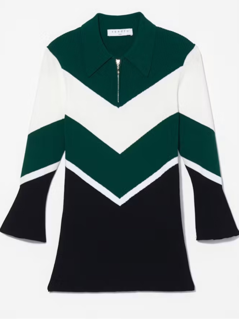 Sandro Paris Chevron Long Sleeve Polo Top in Green, White & Black